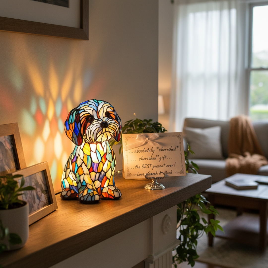 Luminous Canine Companions in Stained Glass Light